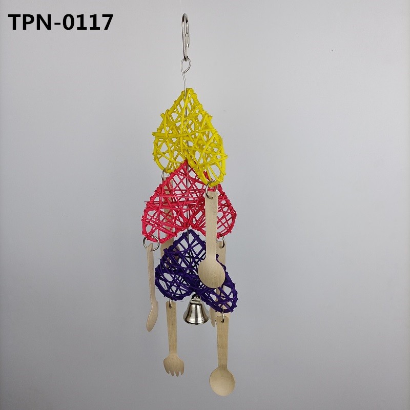 Fun Heart Shapes Rattan Ball Bird Toys with Wooden Spoons for Parrot Cockatoo African Grey Macaw Eclectus Amazon Parakeet Cockatiel Conure Budgie Lovebird Finch Cage Accessories TPN-0117