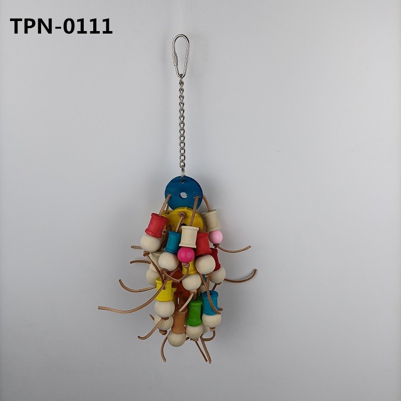 Leather Chewable Bird Toy,Wood Blocks Parrot Shredding Chews Toys for Conure, Pionus, African Grey TPN-0111 - Image 1