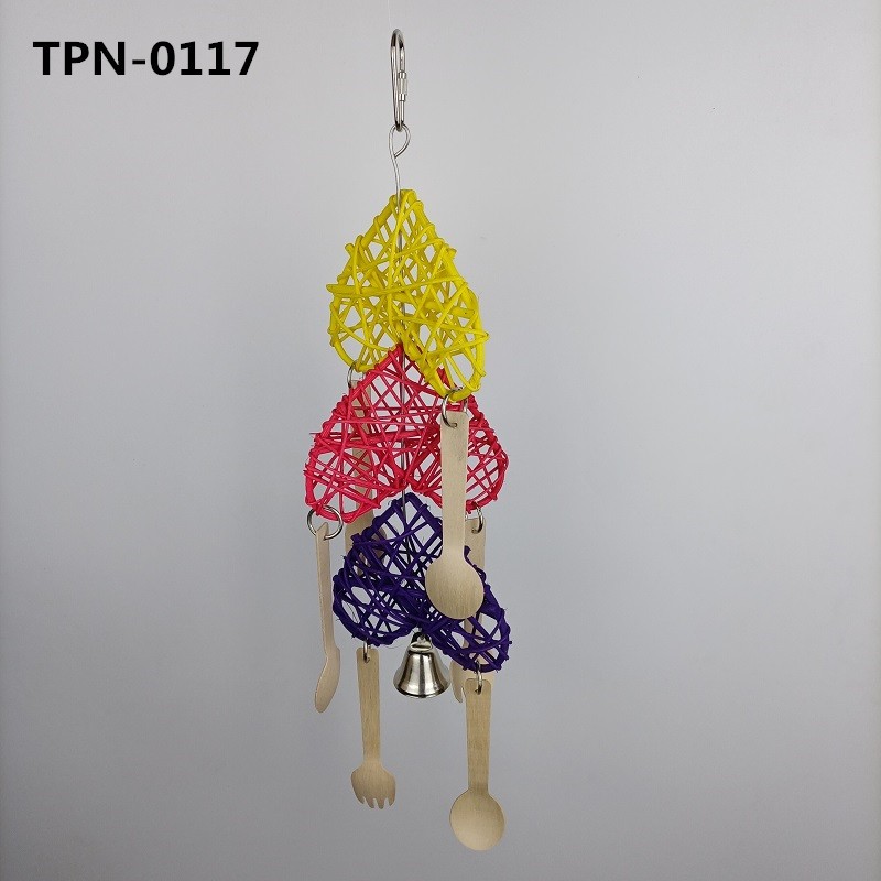 Eco-Friendly Parrot Toy Colorful Rattan Ball with Wood Spoon Bird Cage Accessory Puzzle Bird Playing Toy - Image 1