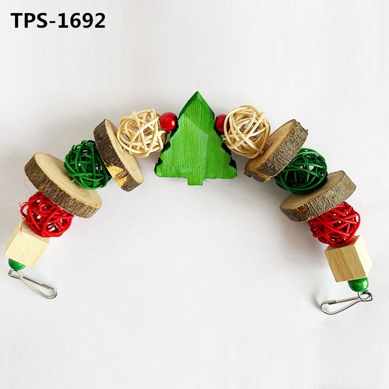 Wood Blocks Rattan Ball Christmas Bird Swing Toy for Parrotlets, Parakeets, Cockatiels, Lovebirds Chewing TPS-1692